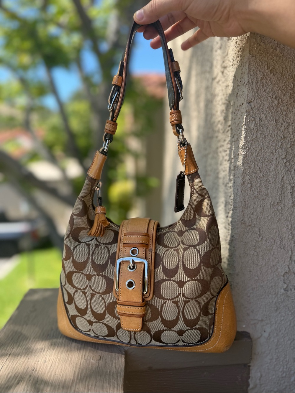 Coach Soho Signature Buckle Hobo Shoulder Bag Brown Tan Canvas Leather